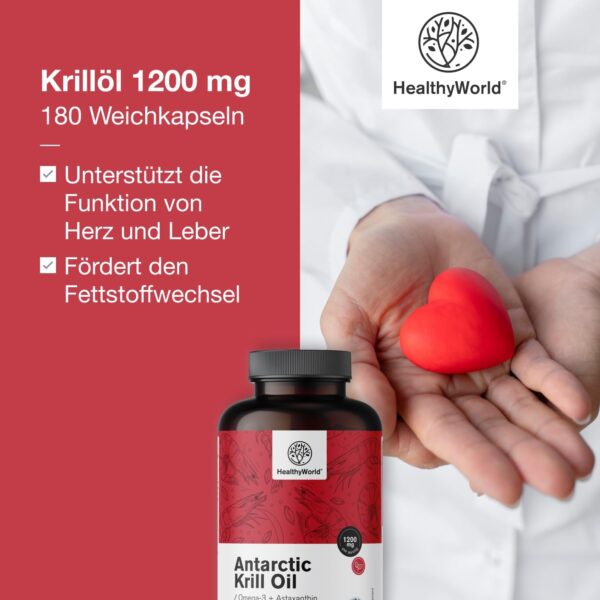 HealthyWorld® Krillöl 1200 mg - 180 Weichkapseln - Omega-3 + Astaxanthin - Ohne Gluten, Laktose und Künstliche Aromen - 3-Monats-Vorrat - Unterstützt Herz- und Kreislauffunktion – Bild 5