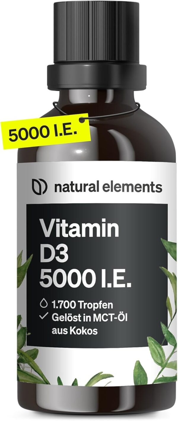 Vitamin D3 - Laborgeprüfte 5000 I.E. pro Tropfen - 50ml (1700 Tropfen) - In MCT-Öl aus Kokos - Hochdosiert, flüssig