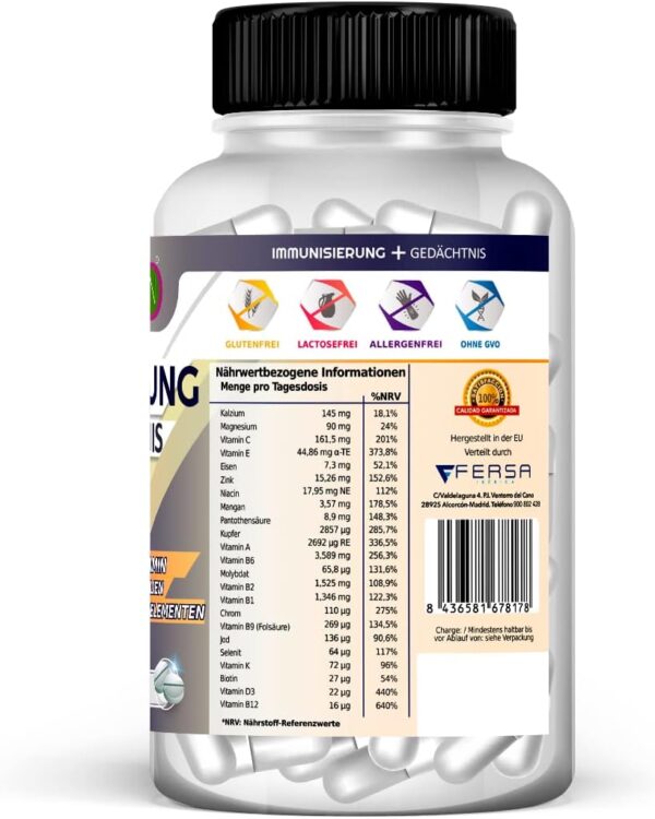 Multivitamin-Komplex mit den Vitaminen C, E, B3, B5, A, B6, B2, B1, B9, B12, D3, Zink und Eisen | Verbessert und stärkt das Gedächtnis | 60 Tabletten – Bild 7