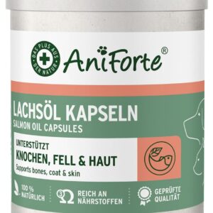 AniForte Lachsöl Kapseln für Hunde & Katzen 200 Stück – wertvolles Omega-3 Fischöl, Stoffwechsel & Knochenaufbau unterstützend, Barf Ergänzung, glänzendes Fell, Vitamine, Salmon Oil Dogs