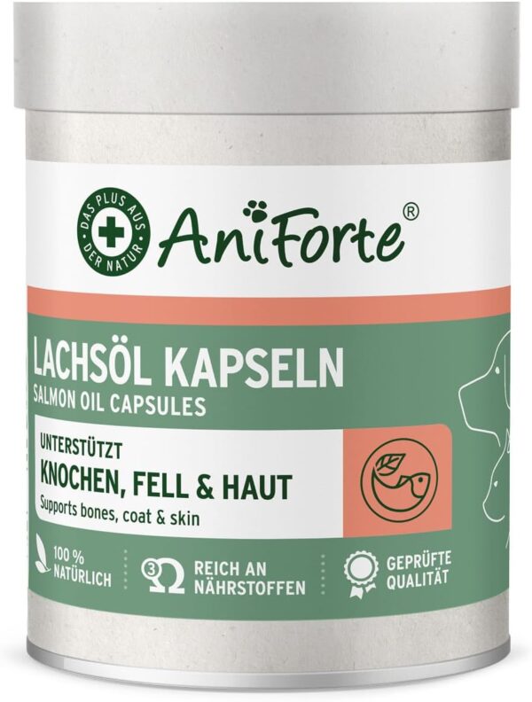 AniForte Lachsöl Kapseln für Hunde & Katzen 200 Stück – wertvolles Omega-3 Fischöl, Stoffwechsel & Knochenaufbau unterstützend, Barf Ergänzung, glänzendes Fell, Vitamine, Salmon Oil Dogs