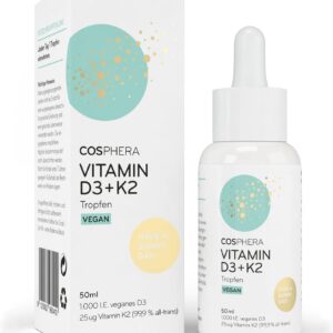 Vitamin D3 K2 Tropfen hochdosiert & vegan - 1.000 IE D3 + 25µg K2 MK7 (99,9% all-trans) + MCT-Öl - Sonnenvitamin D (Cholecalciferol) für Knochen und Immunsystem - 50 ml flüssig ohne Zusätze