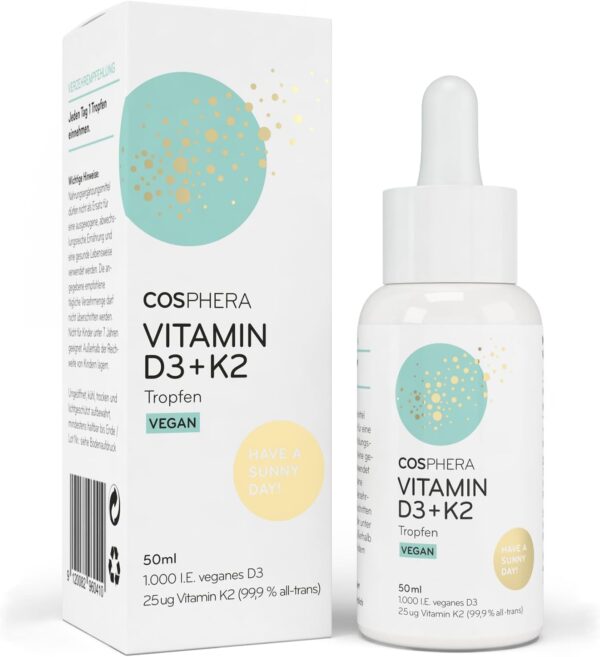 Vitamin D3 K2 Tropfen hochdosiert & vegan - 1.000 IE D3 + 25µg K2 MK7 (99,9% all-trans) + MCT-Öl - Sonnenvitamin D (Cholecalciferol) für Knochen und Immunsystem - 50 ml flüssig ohne Zusätze