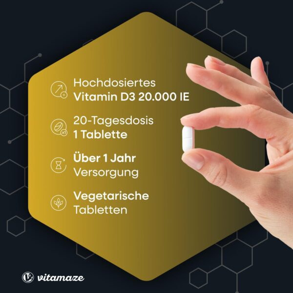 Vitamin D3 hochdosiert 20000 IE pro Tablette (20-Tage Dosis), 180 vegetarische Tabletten (teilbar), Natürliche Nahrungsergänzung ohne Zusatzstoffe, Made in Germany – Bild 2