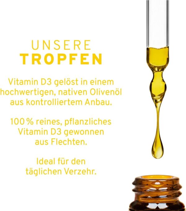 Vitamin D3 (Cholecalciferol) 1.750 Tropfen (1000 I.E. / 25µg) 50ml Flasche. Natives Olivenöl mit Vitamin D3 aus Flechten. Laborgeprüft, hohe Verwertbarkeit, hochdosiert, vegan und hergestellt in DE. – Bild 4