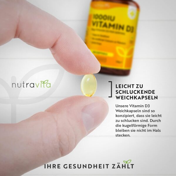 Vitamin D3 1000 I.E - 365 Kapseln - Unterstützt Knochen, Zähne, Muskeln und Immunsystem* - Vitamin D3 aus Deutschland - ohne künstlichen Zusatzstoffe - Hohe Reinheit - Hochdosiert - Premium Qualität – Bild 4