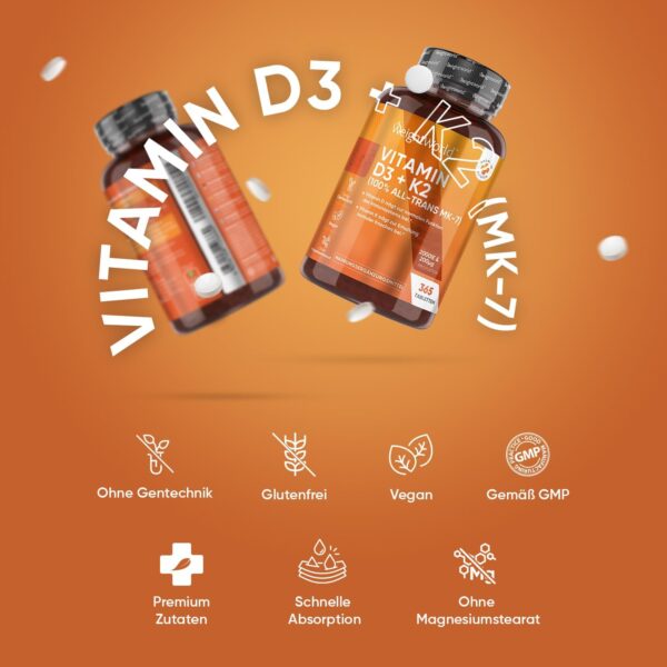 Vitamin D3 K2 2000 IU - 2 Jahresvorrat - 365 Tabletten mit 200μg Vit K2-100% All-Trans MK-7-1 Tablette/2 Tage - Kleine Tabletten - Vegane Quelle (Flechte) - WeightWorld – Bild 4