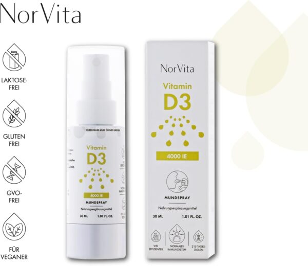 NorVita Vitamin D3 Spray 4000 IE – Nur ein Sprühstoß alle 4 Tage, hochdosiert, vegan, hohe Bioverfügbarkeit – Natürliches Waldfruchtaroma, ohne Zusatz von Konservierungsmitteln oder künstlichen Aromen – Bild 2