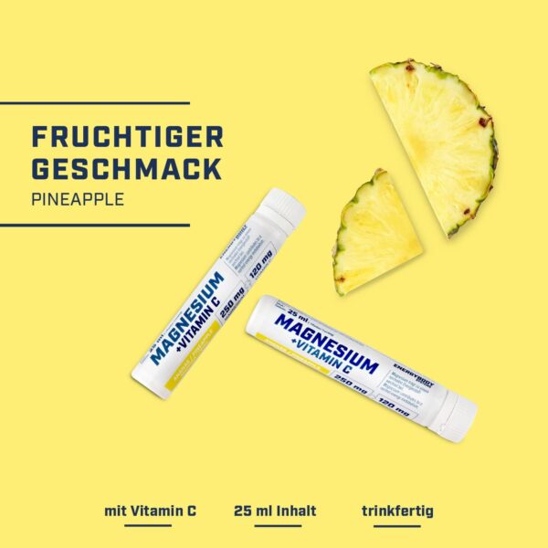 Energybody® Flüssig Magnesium Ampullen mit Vitamin C, 20x25ml / 250 mg Hochdosiertes Magnesium, 120 mg Vitamin C/Magnesium Shot mit Magnesiumcitrat - Ananas Geschmack – Bild 2