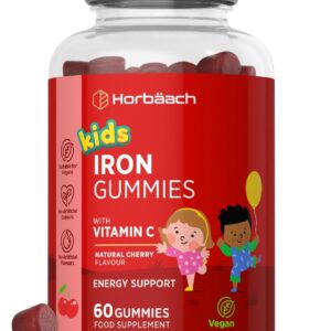 Eisen Vitamin C Gummibärchen Kinder | 7mg Iron | Eisenaufnahme mit 20mg Vitamin C erhöhen | 60 Vegane Gummies | Eisenaufnahme mit 20mg Vitamin C erhöhen | Iron Supplement for Kids | Horbaach