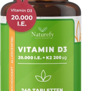 Vitamin D3 K2 Hochdosiert 20.000 – 240 Tabletten – VitaminD 20.000 IE – Vitamin D3 K2 Tabletten – Vitamine D3 + K2 Hochdosiert