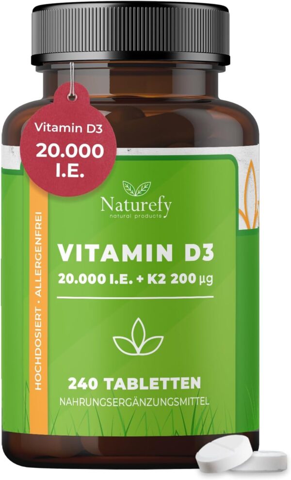 Vitamin D3 K2 Hochdosiert 20.000 – 240 Tabletten – VitaminD 20.000 IE – Vitamin D3 K2 Tabletten – Vitamine D3 + K2 Hochdosiert