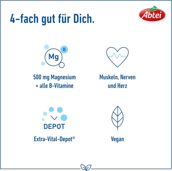 Abtei Magnesium 500 Plus Extra-Vital-Depot - hochdosiert - mit allen B-Vitaminen - für Muskeln, Nerven und Herz - vegan - 42 Tabletten – Bild 3