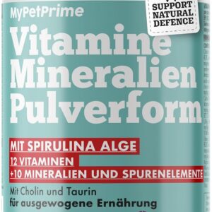 MyPetPrime Vitamine für Hunde | 12 Vitamine + 10 Mineralien und Oligominerale | Spirulina-Algen zur Stärkung des Immunsystems | Gleicht die tägliche Ernährung und Barf aus | 220 g
