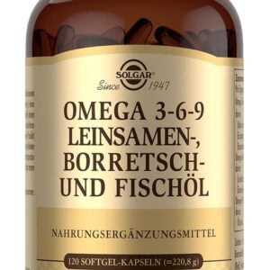 SOLGAR® OMEGA 3-6-9 | Ausgewogenes Verhältnis von Omega-3-, 6- und 9-Fettsäuren aus Leinsamen-, Borretsch- und Fischöl | 120 Softgel-Kapseln für 40 Tage