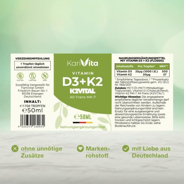 Vitamin D3 + K2 50ml (1700 Tropfen) 1000 I.E - in MCT-Öl - Hoch bioverfügbar durch Original K2VITAL® 99,7% All-Trans - Laborgeprüft, hochdosiert, flüssig und in Deutschland produziert – Bild 4