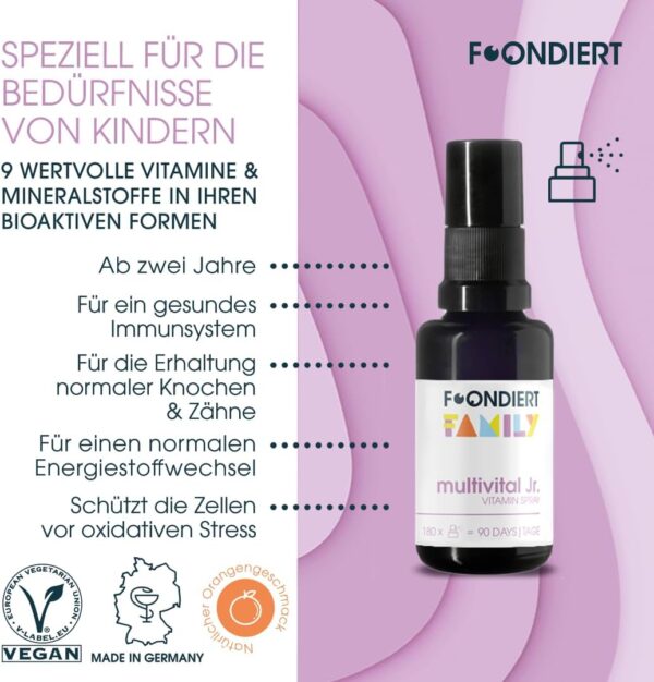 Foondiert ® - Multivital Spray Junior – Bioaktiver Vitamin und Mineralien Komplex für Kinder als praktisches Spray. Einfache Einnahme ohne Zucker mit Orangengeschmack. – Bild 4