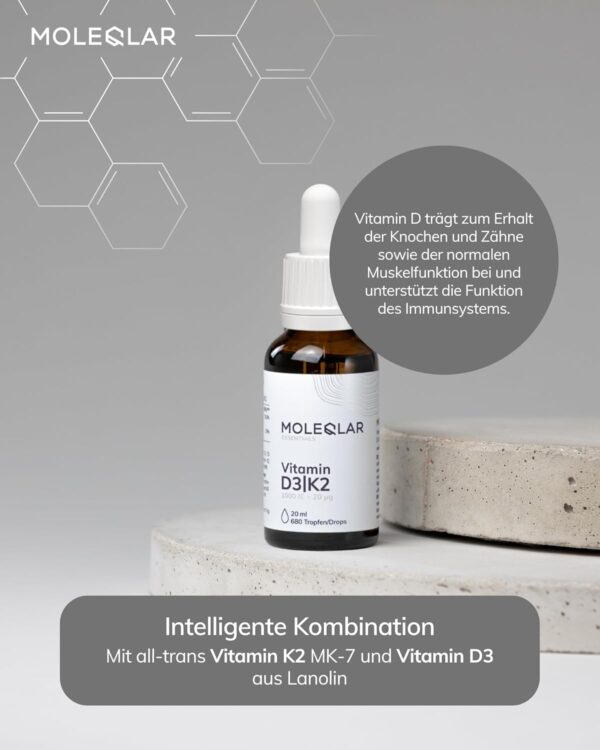 MoleQlar Vitamin D3 K2 Tropfen - 1000 I.E. Vitamin D3 + 20 μg all-trans Vitamin K2 M-K7 pro Tropfen - Hoch bioverfügbar dank MCT-Öl - vegetarisch & ohne Zusätze - Vitamin D3-K2 Öl – Bild 3