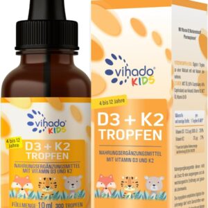 Vihado Vitamin D3 + K2 für Kinder von 4-12 Jahre, sicherer Markenrohstoff, vegan, 300 Tage, 12,5 μg 500 i.E Vitamin D aus Flechten, Kinder Vitamine, 10 ml (300 Tropfen)