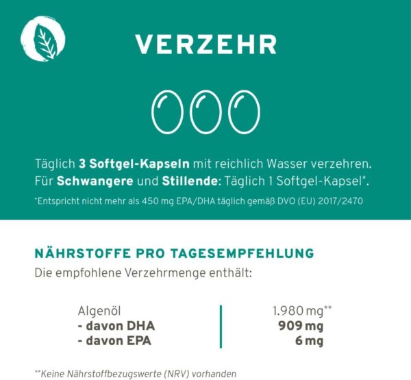 Vegan Omega 3 Kapseln aus Mikroalgenöl. 1.980 mg Premium Algenöl mit DHA + EPA pro Tagesdosis. 90 Kapseln. Hochdosiert, vegan (Algen) und hergestellt in DE. – Bild 3