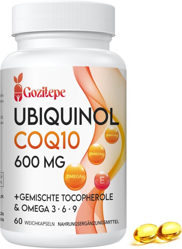 Ubiquinol CoQ10 600 mg Weichkapseln mit Omega 3, 6, 9 und Vitamin E, 30 Portionen Coenzym Q10 (aktive Form) Ergänzung, Höhere Absorption (60 stück (1er Pack))