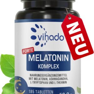 Vihado Melatonin Tabletten hochdosiert - 370 Nächte FORTE Komplex vegan - Rein ohne Zusätze - Plus L-Theanin, L-Tryptophan, Ashwagandha, 185 Tabletten,Melatonin,1