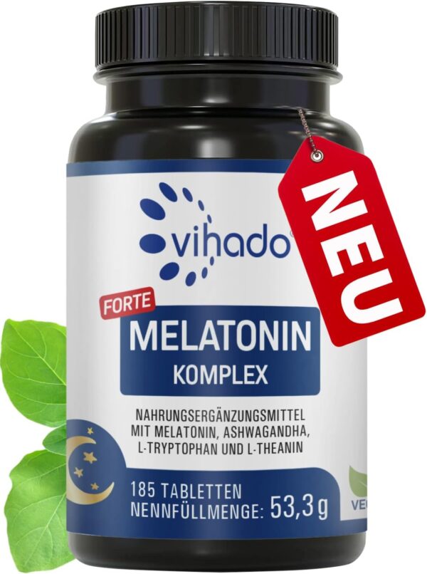 Vihado Melatonin Tabletten hochdosiert - 370 Nächte FORTE Komplex vegan - Rein ohne Zusätze - Plus L-Theanin, L-Tryptophan, Ashwagandha, 185 Tabletten,Melatonin,1