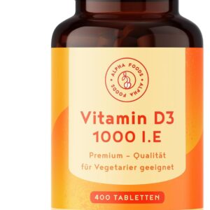 Vitamin D3 1000 I.E. – 400 Tabletten über 1 Jahr Vorrat – Vitamin D für Immunsystem, Knochen, Zähne & Muskeln – Hochdosiert - Vegetarisch - Alpha Foods