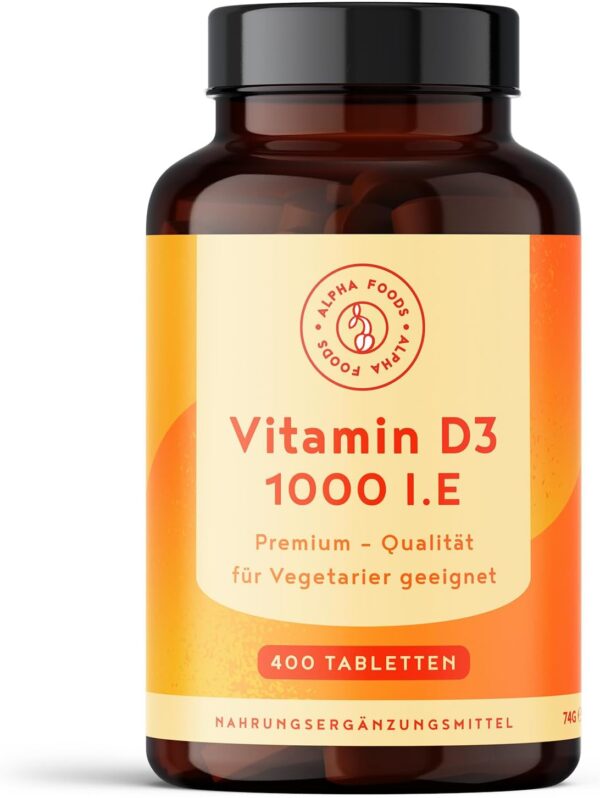 Vitamin D3 1000 I.E. – 400 Tabletten über 1 Jahr Vorrat – Vitamin D für Immunsystem, Knochen, Zähne & Muskeln – Hochdosiert - Vegetarisch - Alpha Foods