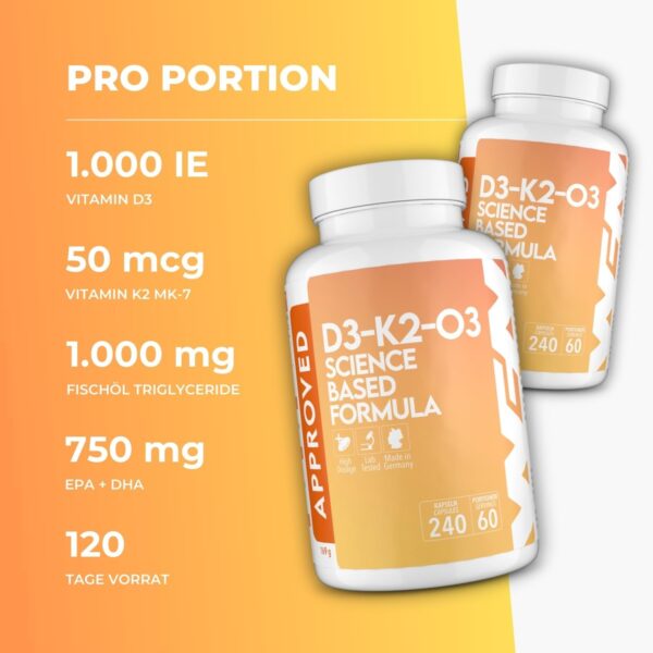 WFN Approved D3-K2-O3 - Vitamin D3 + K2 + Omega 3 - K2VITAL All-Trans K2 MK-7 - Hochdosierte Fischöl Kapseln in Triglycerid-Form - Bioverfügbares D3 - Produziert & laborgeprüft in Deutschland – Bild 3