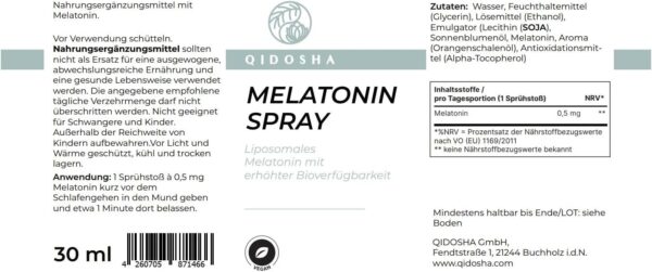 QIDOSHA® Melatonin Einschlafspray liposomal, liposomales Melatonin mit 15-fach erhöhter Bioverfügbarkeit, natürlicher Orangengeschmack, vegan, 30 ml = 180 Sprühstösse à 0,5mg Melatonin – Bild 9