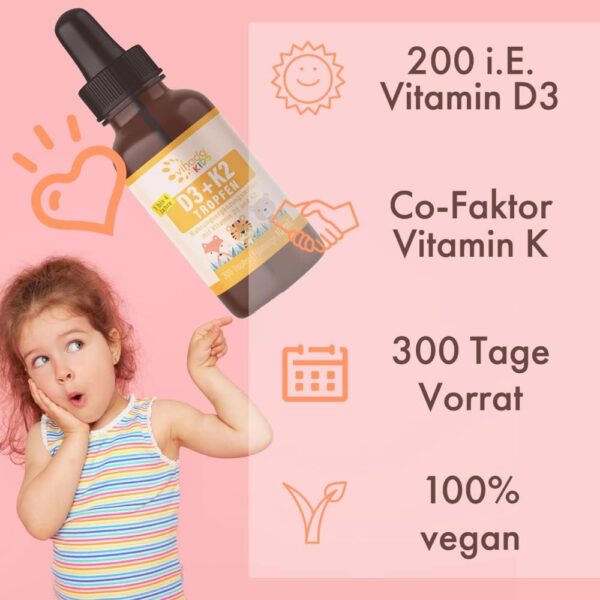 Vihado Vitamin D3 + K2 für Kinder von 1-4 Jahre, sicherer Markenrohstoff, vegan, 300 Tage, 5μg 200 IE Vitamin D aus Flechten + Vitamin K, Vitamin D Kinder Vitamine, 10 ml (300 Tropfen) – Bild 4
