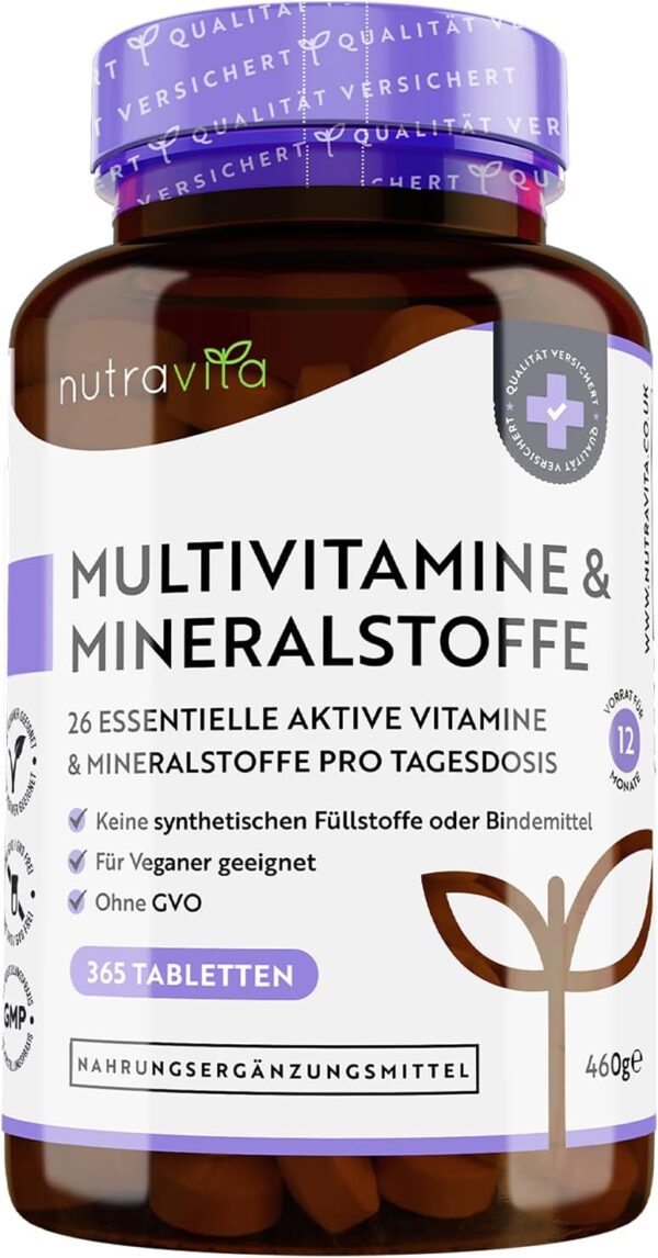Multivitamin & Mineralstoffe - 365 hochdosierte Tabletten mit Bioaktiv-Formen und Premium-Rohstoffen - Unabhängig Laborgetestet - vegane, Multivitamintabletten mit 26 aktiven Vitamine
