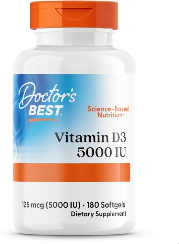 Doctor's Best, Vitamin D3, 5.000IU, Hochdosiert, Depot Wochendosis, 180 Weichkapseln, Laborgeprüft, Sojafrei, Glutenfrei, Ohne Gentechnik