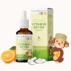 InnoNature Vitamin D3+K2 Kids Tropfen, Orange | mit Vitamin D für normales Wachstum, Entwicklung der Knochen & Immunsystem | 10ml, vegan