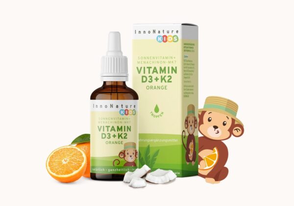 InnoNature Vitamin D3+K2 Kids Tropfen, Orange | mit Vitamin D für normales Wachstum, Entwicklung der Knochen & Immunsystem | 10ml, vegan