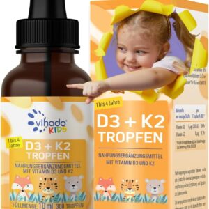 Vihado Vitamin D3 + K2 für Kinder von 1-4 Jahre, sicherer Markenrohstoff, vegan, 300 Tage, 5μg 200 IE Vitamin D aus Flechten + Vitamin K, Vitamin D Kinder Vitamine, 10 ml (300 Tropfen)