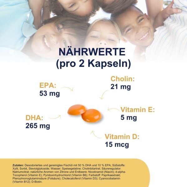 VitaDHA® Brain | Für Kinder | 250 mgOmega-3 DHA, Cholin und Vit.D und B| Für das Gehirn und das Immunsystem | Zuckerfrei | Angenehmer Erdbeer- und Zitronengeschmack | 30 Gelee – Bild 5