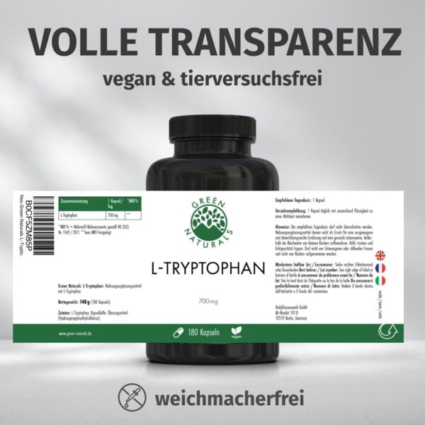 L-Tryptophan - Hochdosiert: 700 mg je Kapsel - 6 Monate Vorrat (180 Kapseln) - Vegan & ohne Zusatzstoffe - Apothekenqualität - Green Naturals® – Bild 6