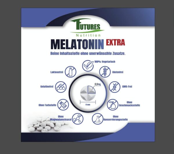 FUTURES NUTRITION Melatonin Extra Nahrungsergänzungsmittel - 365 hochdosiert Schlaftabletten - Nur 1/4 Tablette pro Tag: Melatonin 0,5mg - Ohne Zusatzstoffe und Vegan Schlafmittel - Laborgeprüft – Bild 6