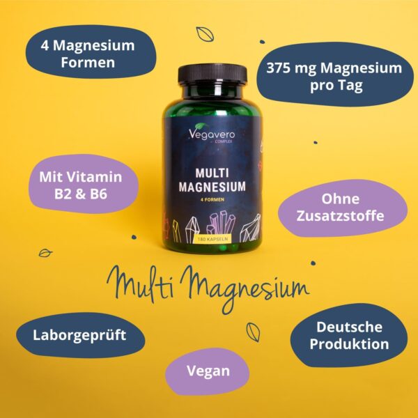 Magnesium Komplex Vegavero® | Mit 4 bioaktiven Formen: Bisglycinat, Taurat, Malat & Citrat | 375 mg & elementar | Vegan & Ohne Zusätze | 180 Kapseln – Bild 5