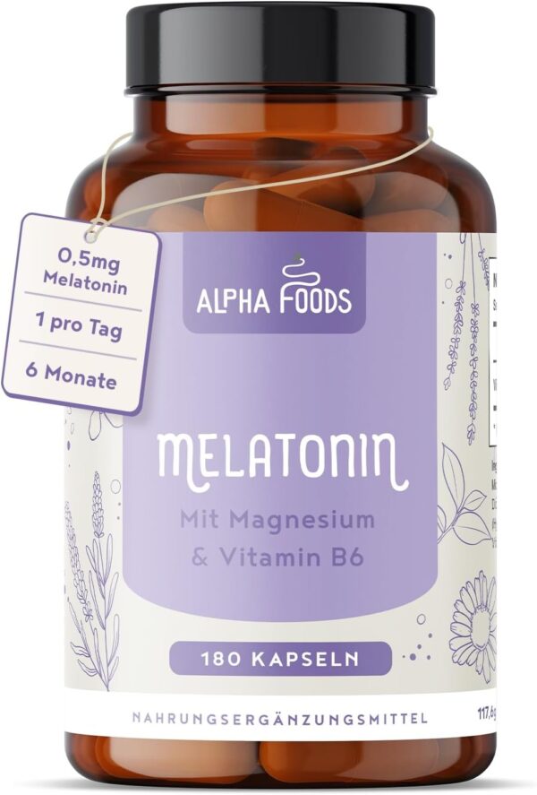 Melatonin Hochdosiert | 180 Kapseln | 0,5mg pro Kapsel | Mit Magnesium, Vitamin B6, Passionsblume & Kamille | Alternative zu Einschlafspray & Schlaftabletten | 100% vegan | Alpha Foods