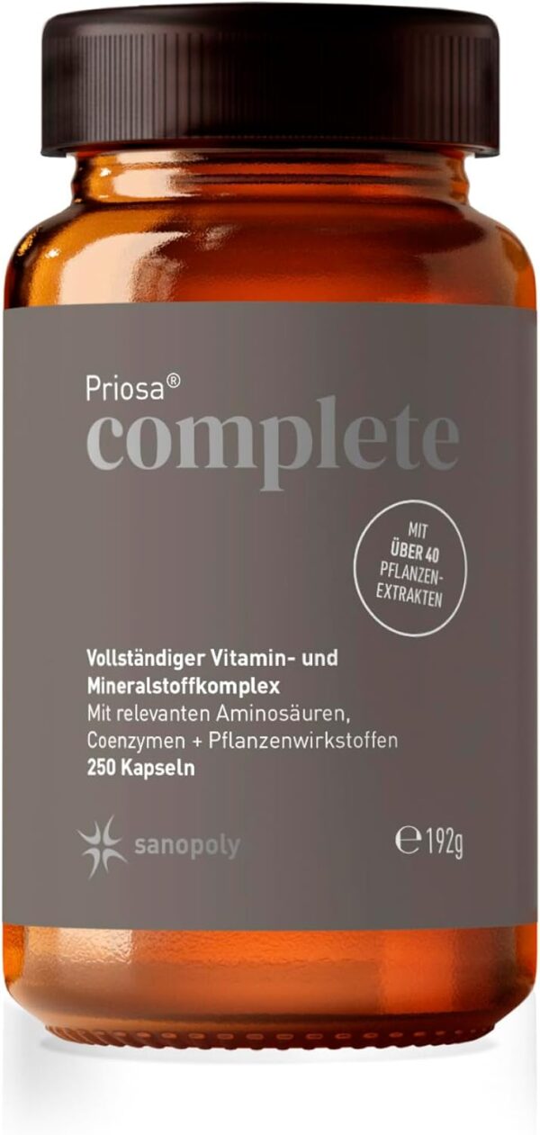 SANOPOLY Priosa® complete 250 Multivitamin Kapseln I Unterstützt Energiestoffwechsel, Immunsystem und geistige Leistung I 42 Pflanzenextrakten, 16 Aminosäuren, 13 Mineralien & 13 Vitaminen | vegan