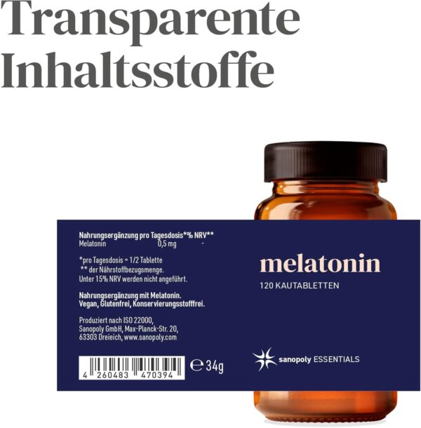 Sanopoly ESSENTIALS Melatonin Tabletten I Melatonin 0,5mg I 120 Kautableten I Vegan & ohne Gentechnik – Bild 6