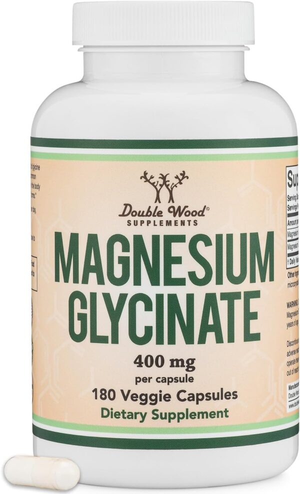 Magnesium Glycinate 400mg, 180 Capsules (Vegan Safe, Manufactured and Third Party Tested in The USA, Gluten Free, Non-GMO) High Absorption Magnesium by Double Wood Supplements