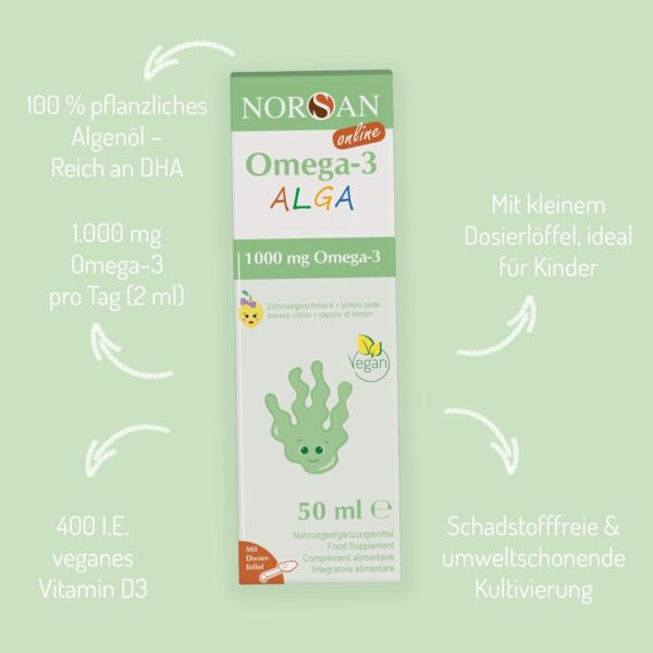 NORSAN Omega-3 ALGA Öl vegan 50ml / hochdosiertes Omega-3 vegan für Kinder 1.000 mg pro Portion/Omega-3 Algenöl reich an DHA/Tagesdosis 2 ml ab 35 kg Algenöl Omega-3 ALGA Öl vegan – Bild 5