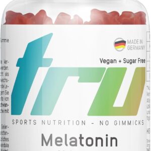TRU Sports Nutrition | Melatonin Gummies - 60 Stück - 0,5mg bioaktives Melatonin pro Gummie- mit Vitamin B6, Lavendel- und Baldrianextrakt - Hochdosiert - 100% Vegan + Zuckerfrei