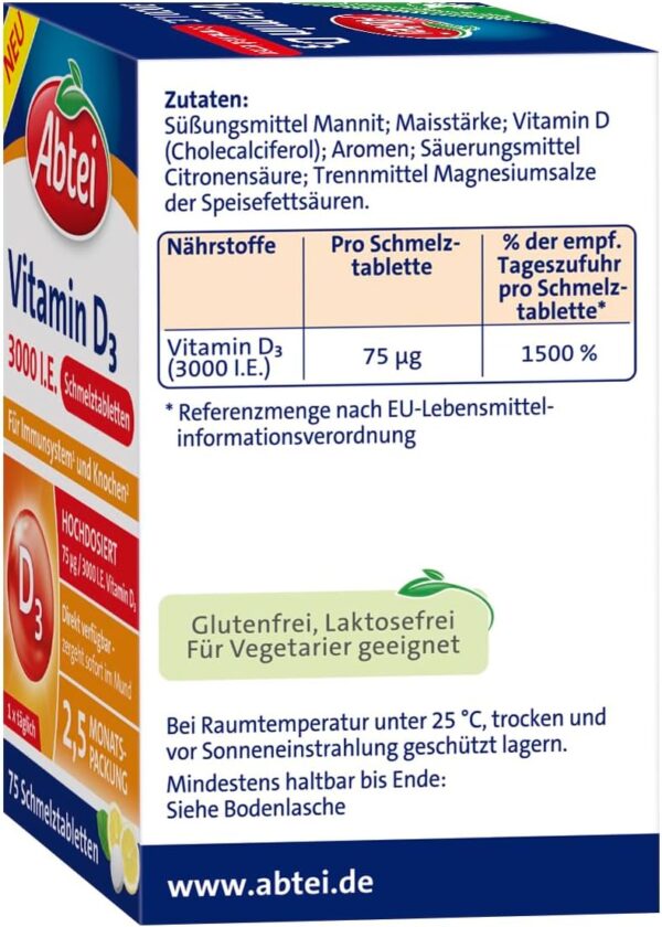 Abtei Vitamin D3 3000 I.E. - unterstützt Immunsystem und Knochen - glutenfrei, laktosefrei und vegetarisch - 75 Schmelztabletten mit Zitronengeschmack – Bild 4
