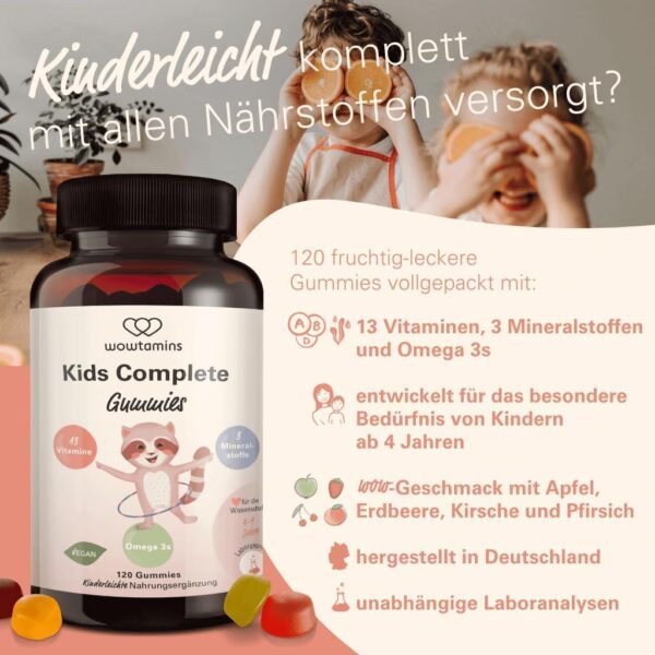 wowtamins Kids Complete - Vegane Multivitamin Gummies mit Omega 3 (30-Tage-Vorrat) - Vitamine für Kinder - Nahrungsergänzungsmittel für das Immunsystem mit Vitamin C, D3, B12, Zink & mehr – Bild 3