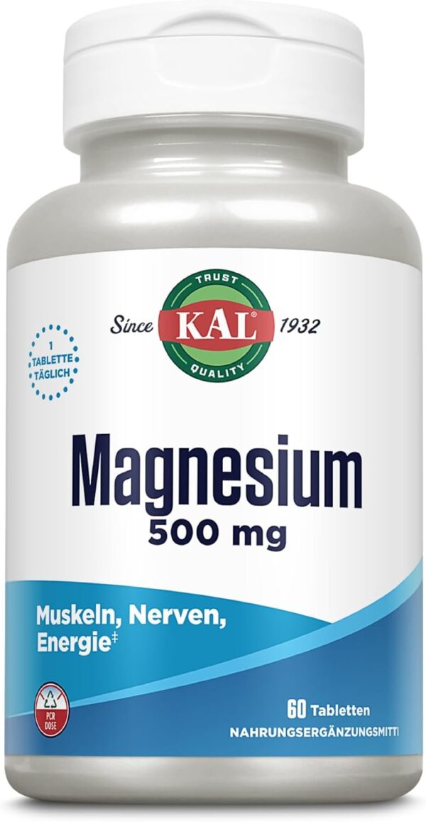 KAL Magnesium | 500 mg | 60 Tabletten | laborgeprüft | Nahrungsergänzungsmittel mit L-Arginin und L-Glutamin | Energieproduktion des Körpers | Gesunde Funktion von Nerven & Muskeln